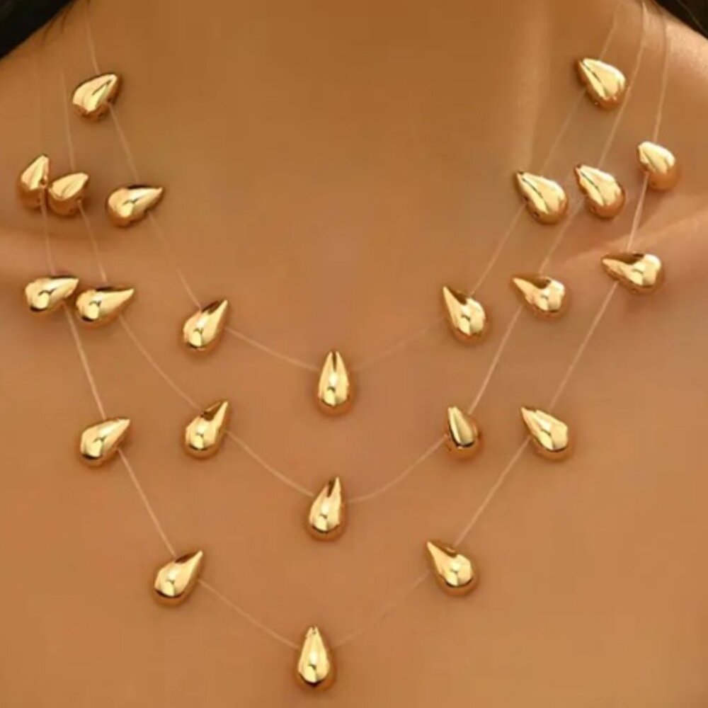 Three Multi-Layered Gold Electro-Plated Teardrop Pendant Necklace